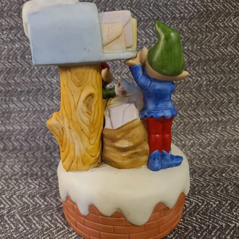 Vintage porcelain elves at the mailbox music box for the holidays christmas